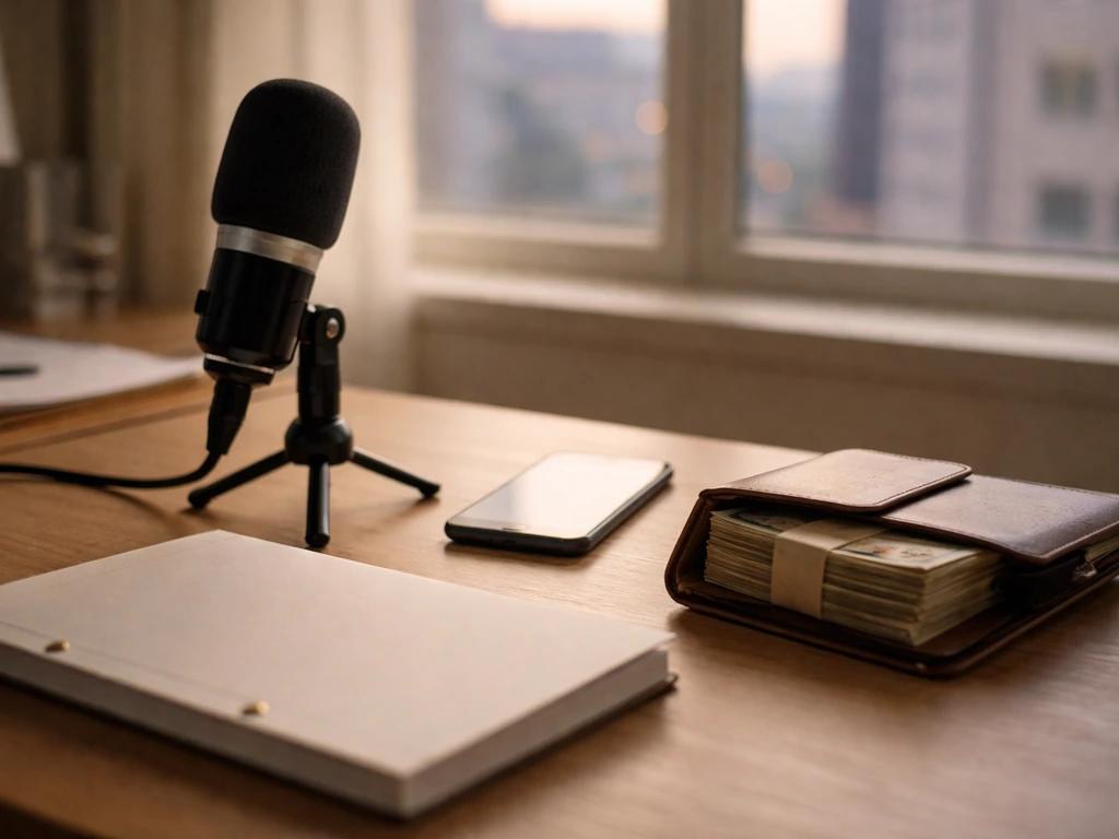 Minimal production desk scene with microphone and wallet, symbolizing net worth analysis in entertainment.
