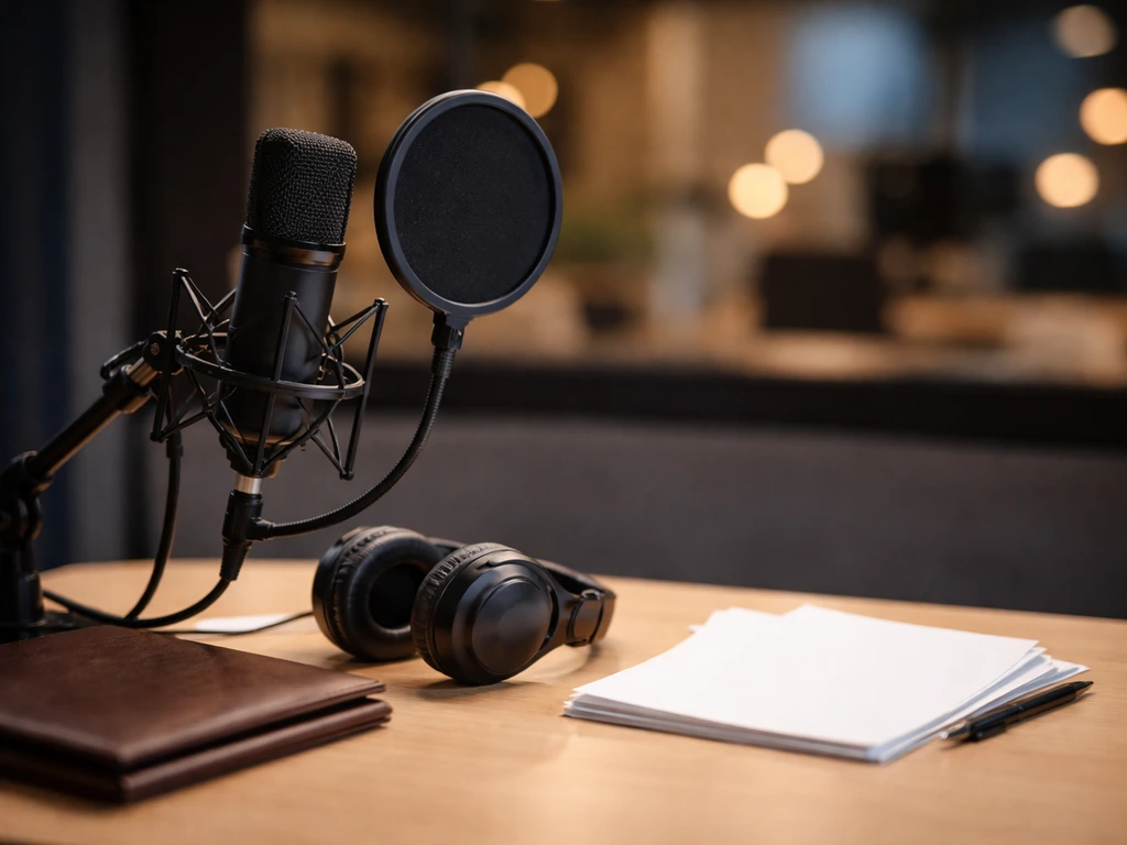 Quiet media studio workspace with a microphone and headset, symbolic of sorting a celebrity profile
