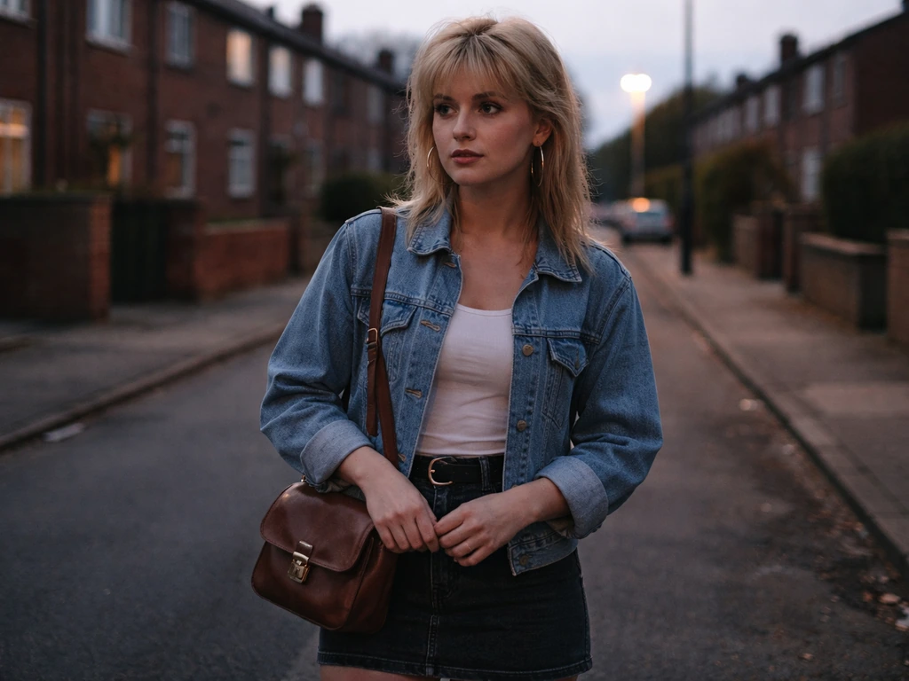 A fictional English actress in late-1980s style on a quiet street at dusk, cinematic mood.