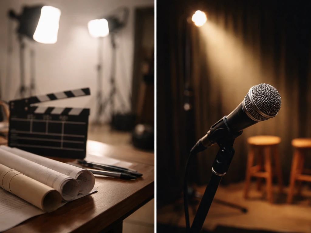Split photo: film set desk with clapperboard on left, live music mic and stage lights on right.