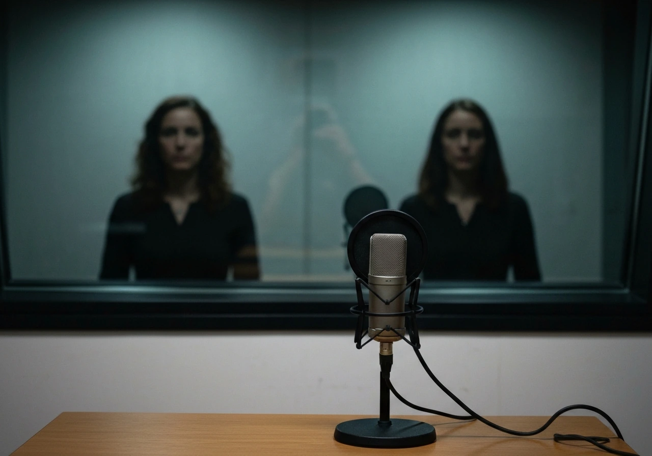 Two blurred figures reflected in a dark studio window, suggesting verifying the right identity.