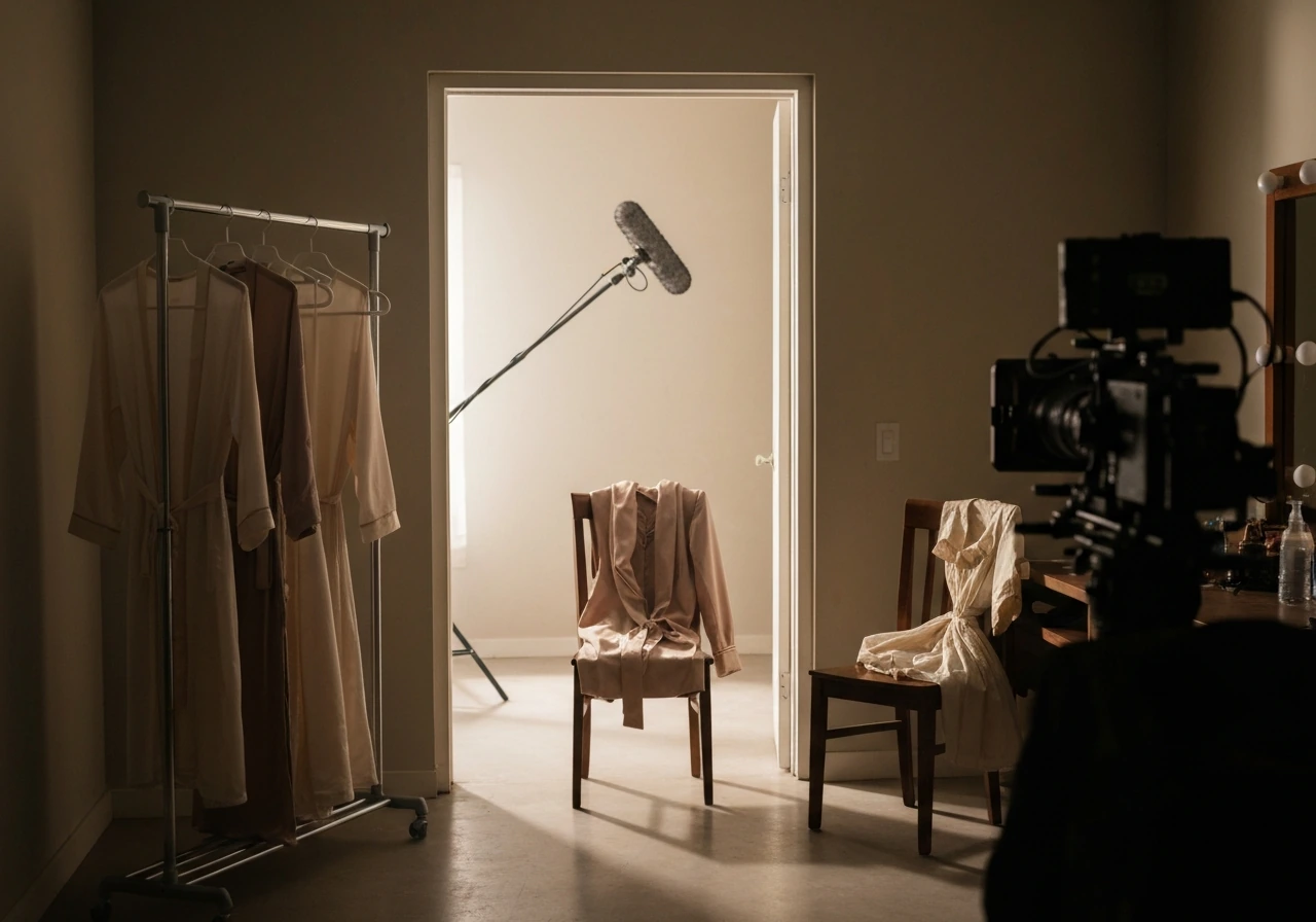 Empty telenovela set dressing room with costumes and studio gear, suggesting acting-driven income