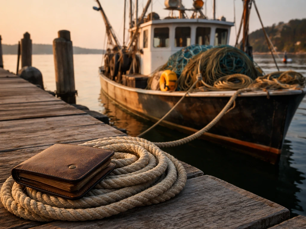 Commercial fishing boat near New Hampshire harbor at golden hour, evoking sea, income, and profile search