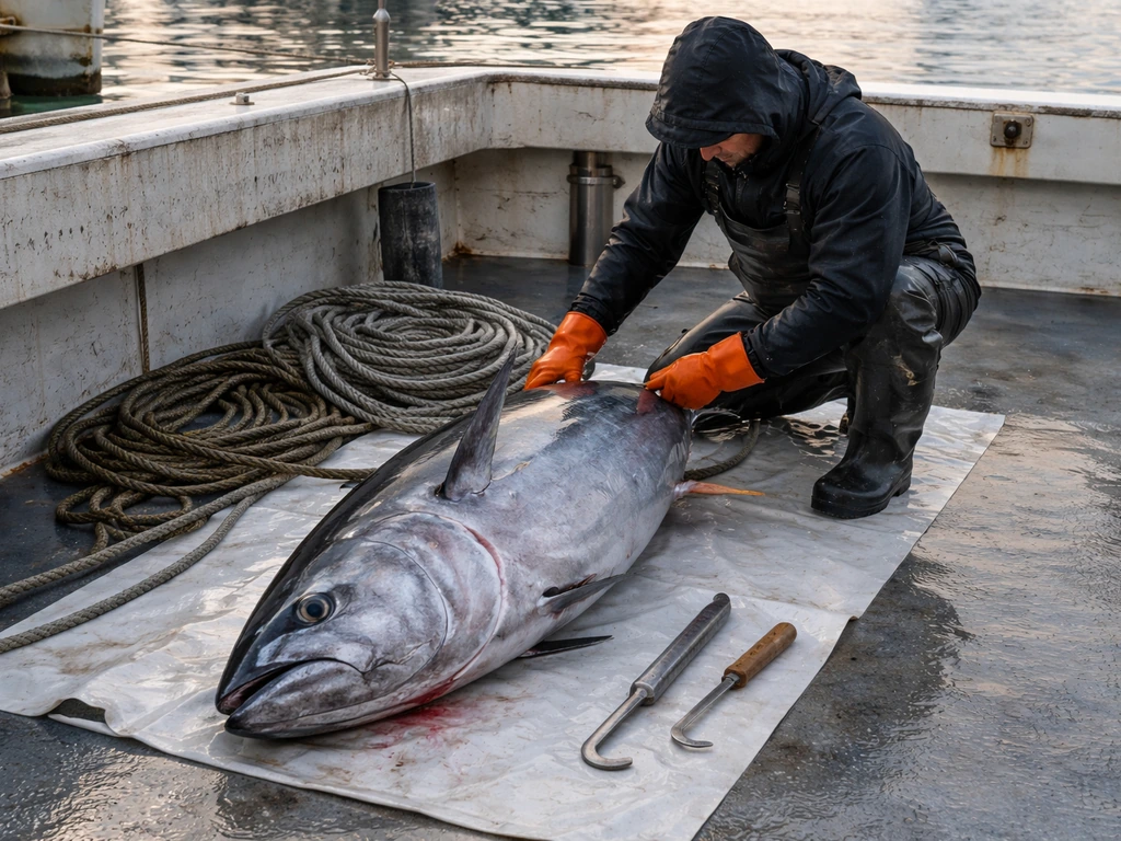 Crewman handling a bluefin tuna on deck with wet ropes and a line near the dock at dawn