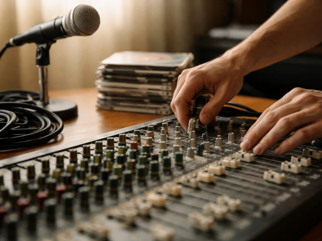 Anonymous hands adjusting a vintage studio mixing console with a microphone and CDs nearby.
