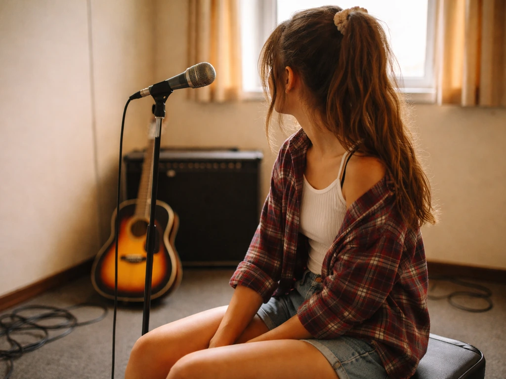 Anonymous pop-music rehearsal scene with a vintage microphone and guitar, suggesting a pre-Spice Girls era.