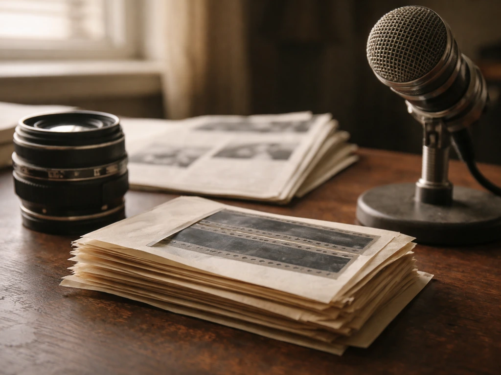 Vintage media desk with film negatives and an unbranded microphone, evoking verified documentary history.