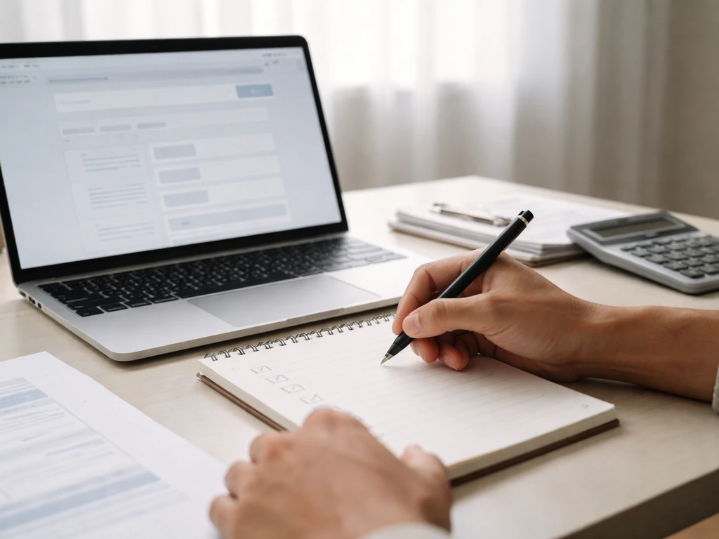 Person at a desk reviewing business documents and an open laptop for company verification steps.