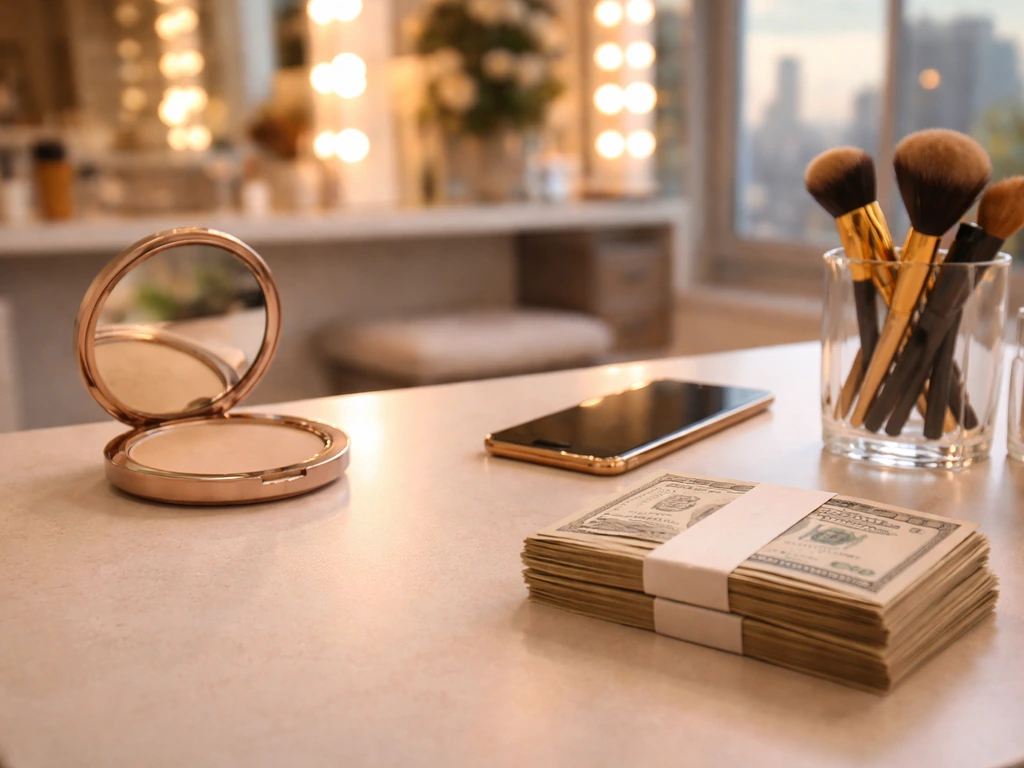 Minimal vanity workspace with makeup tools, smartphone, and neatly wrapped cash symbolizing beauty entrepreneurship weal