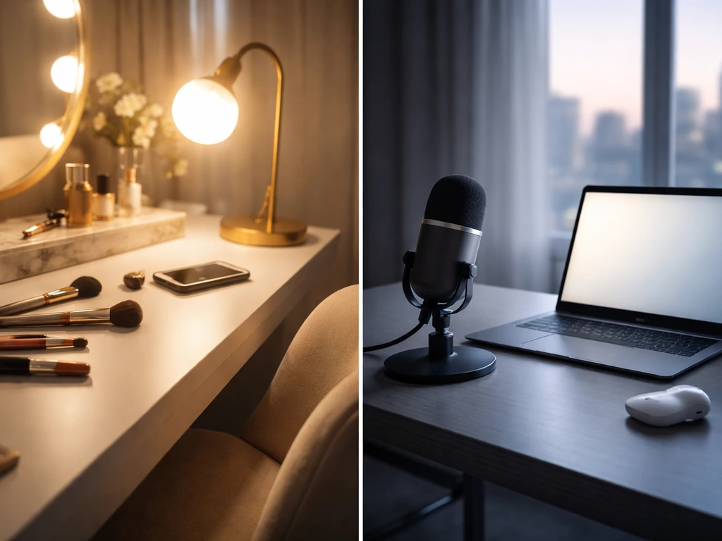 Split-screen: beauty workspace vs studio/finance desk, symbolically representing different Michelle Gentry identities