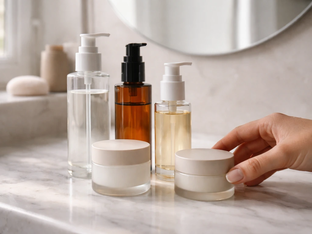 Close-up of sleek beauty product bottles and jars on a minimal vanity setup in natural light.