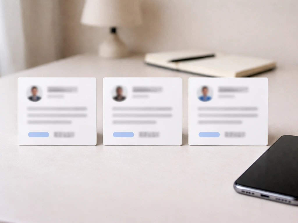 Three generic, blurred search-result cards side-by-side on a desk to show multiple similar people.