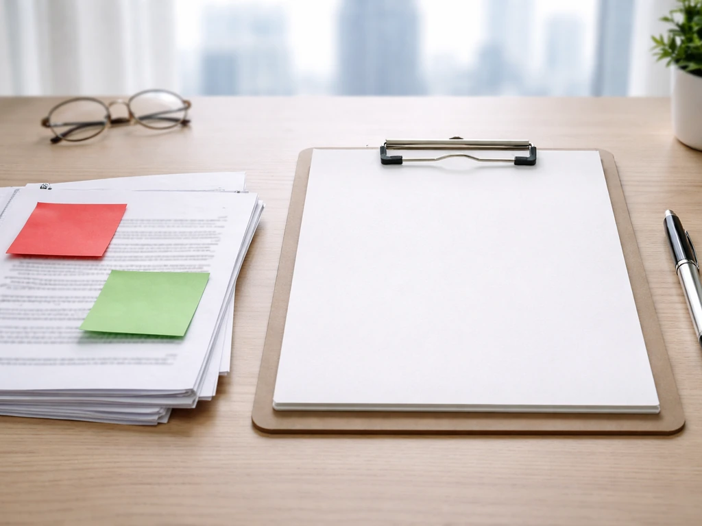 Minimal office desk with a clipboard, pen, papers, and red/green sticky notes suggesting data red flags vs checks.