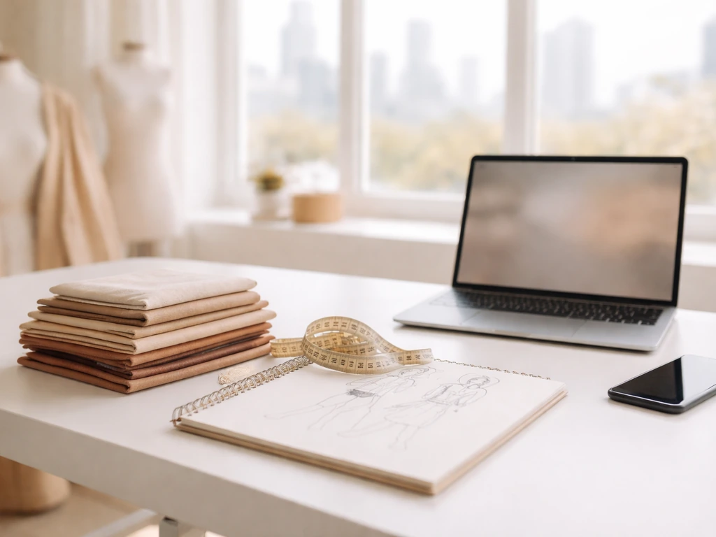 Stylish fashion workbench with notebook, fabric swatches, and a laptop beside a city skyline view