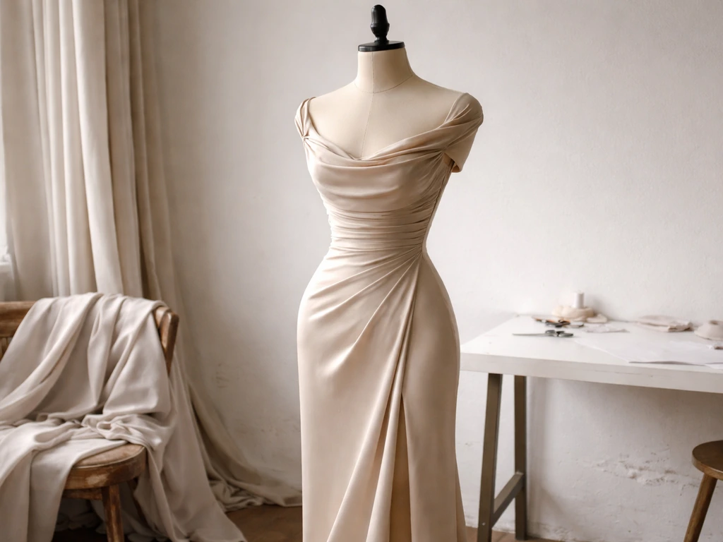 A fashion studio mannequin in an elegant dress, softly lit, minimal background for identity cue.