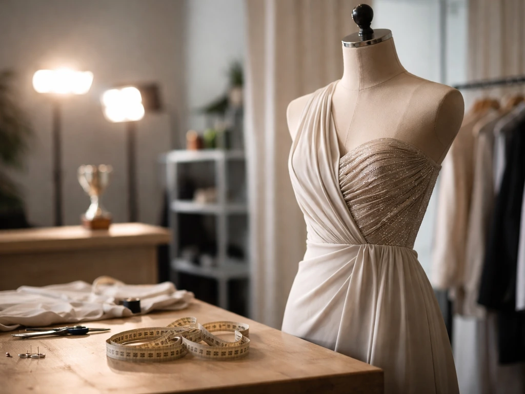 Minimal fashion studio with a mannequin and runway-style garment, trophy on a shelf, media glow in background.