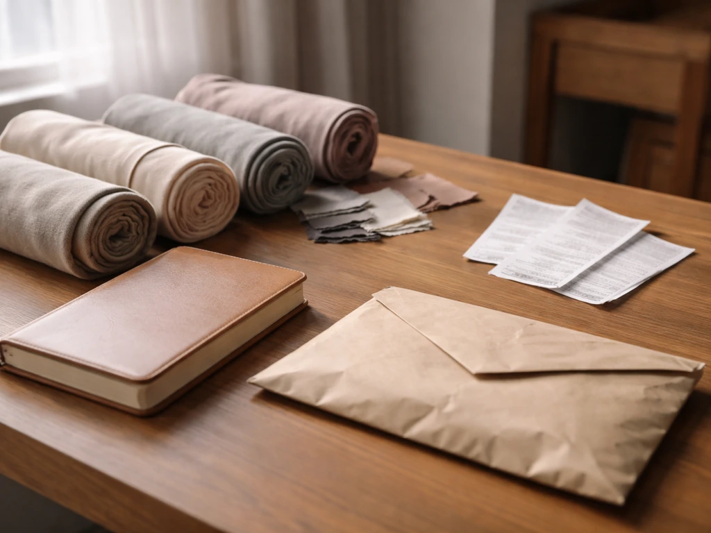 Open notebook with fashion fabric rolls and a few lease/receipt envelopes on a desk, symbolizing label liabilities.