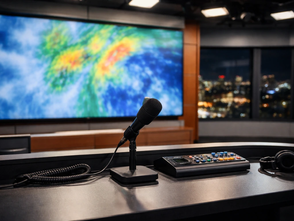 Minimal TV studio weather desk scene with microphone and blurred radar-style display, no people