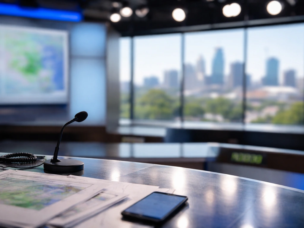 Empty TV weather studio desk with microphone and blurred skyline, symbolizing media identity verification.