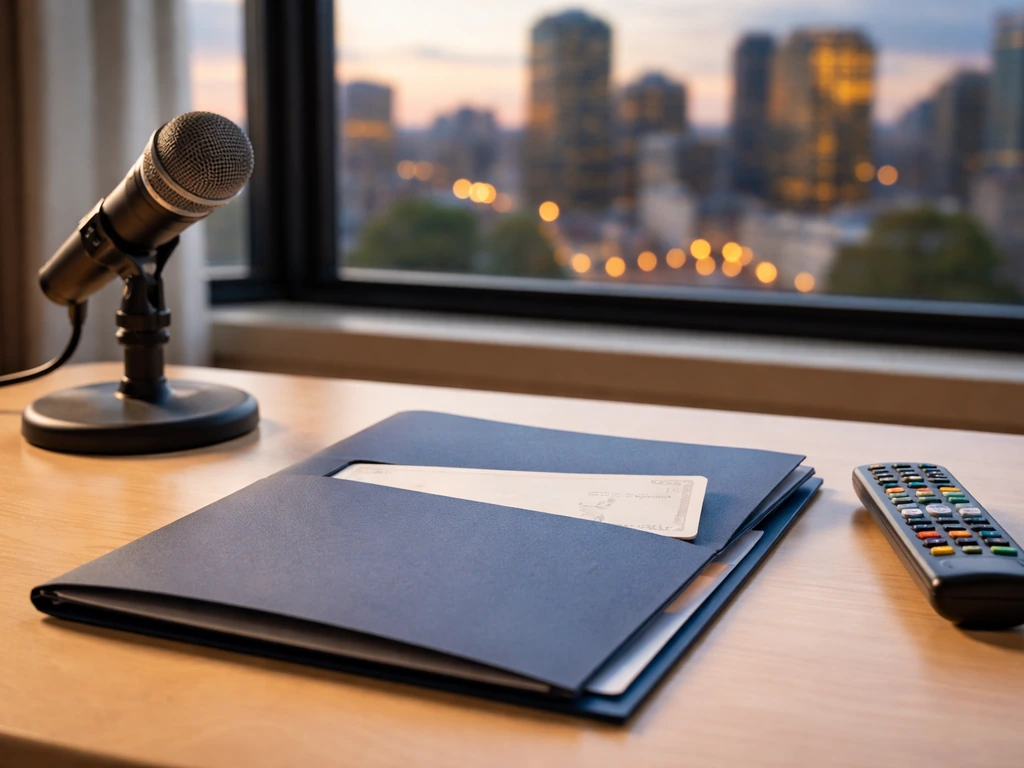 Minimal desk scene with an anonymous contract folder, paycheck envelope, and small microphone suggesting broadcast incom