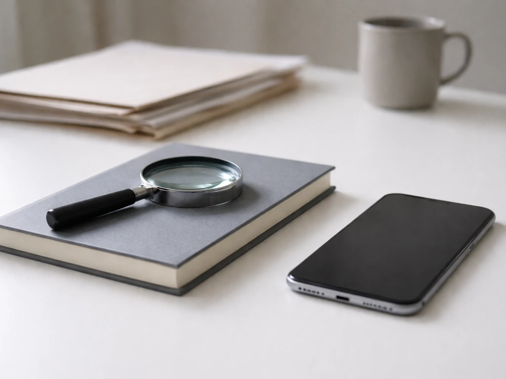 Magnifying glass and unmarked documents on a desk, symbolizing due diligence and sanity-checking claims.