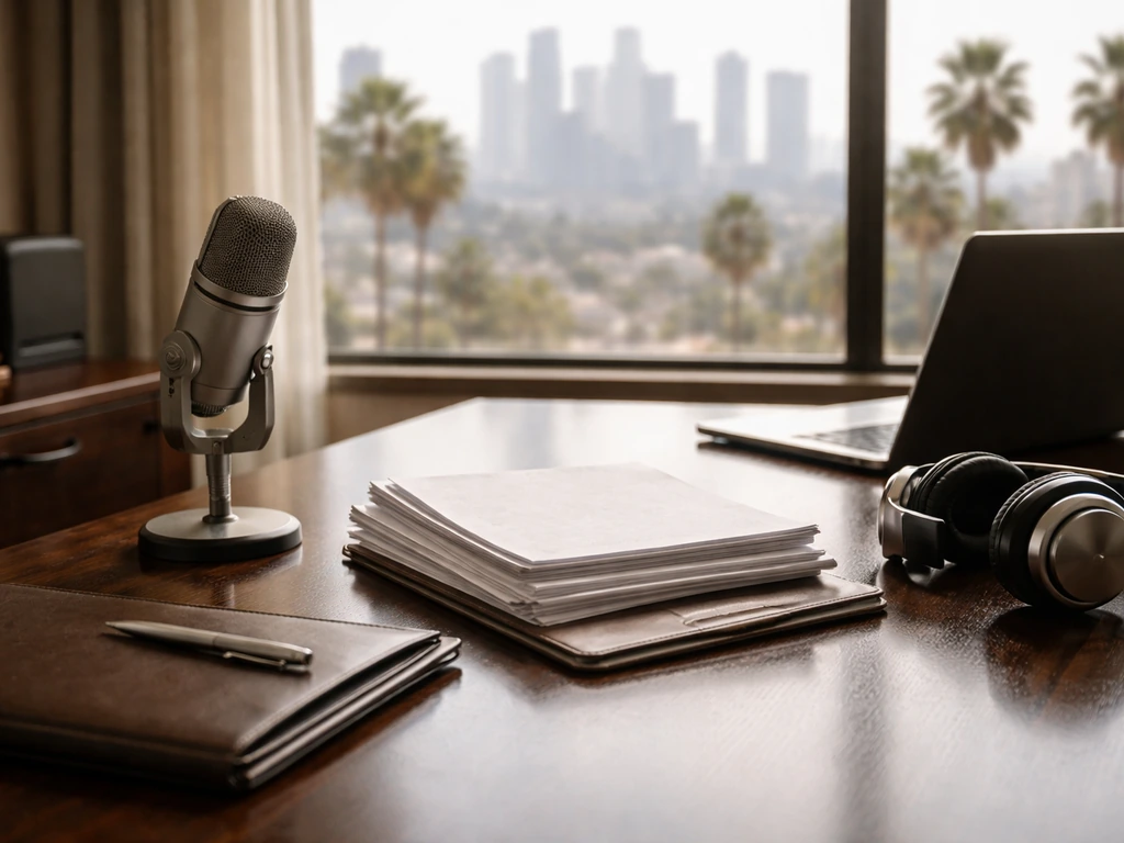 Los Angeles entertainment attorney-style office desk with papers, microphone, and subtle luxury cues