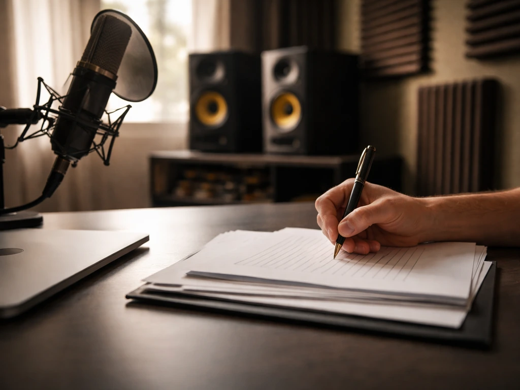Los Angeles music industry attorney vibe: modern studio desk with microphone and legal documents in warm light