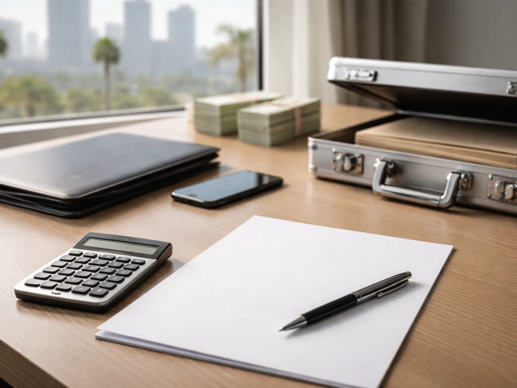 Minimal office desk with calculator and money-related items, suggesting an estimated net worth range.