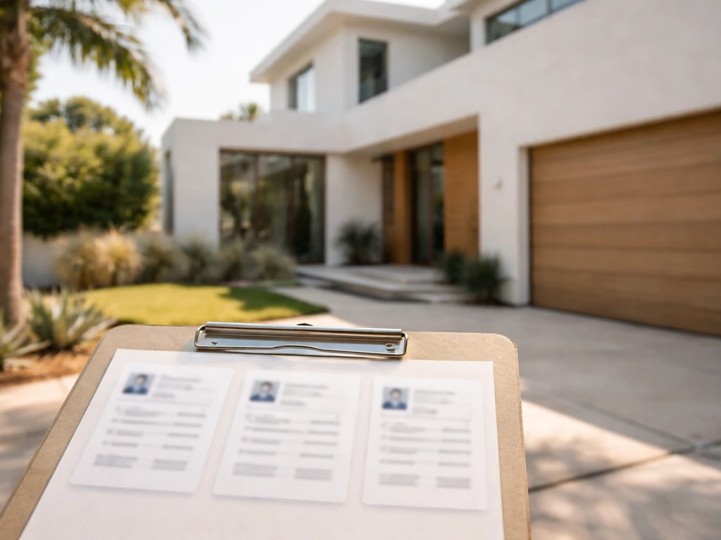 Minimal photo of a Los Angeles-style home exterior with a few blurred business record thumbnails nearby