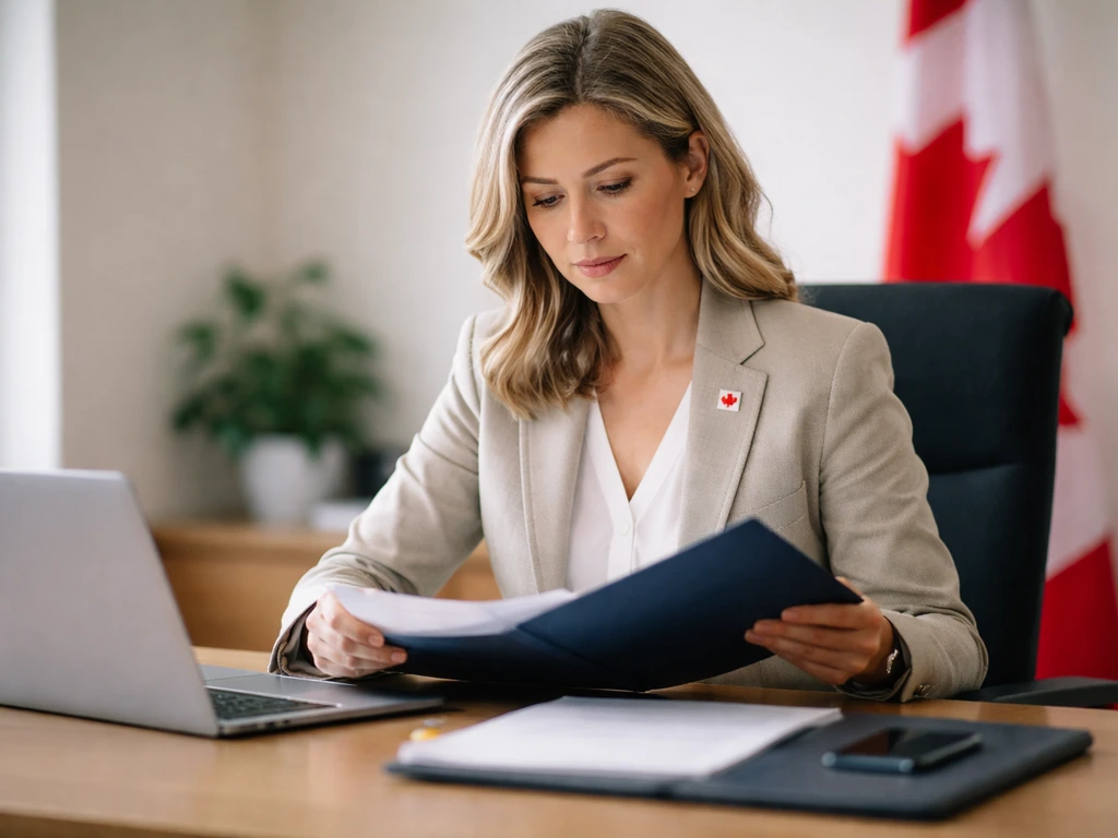 Anonymous woman in a smart blazer reviews documents at a clean office desk with a small flag pin.