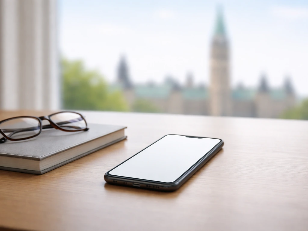 Minimal desk scene with smartphone and eyeglasses, soft Parliament background, symbolizing inconsistent finance claims.