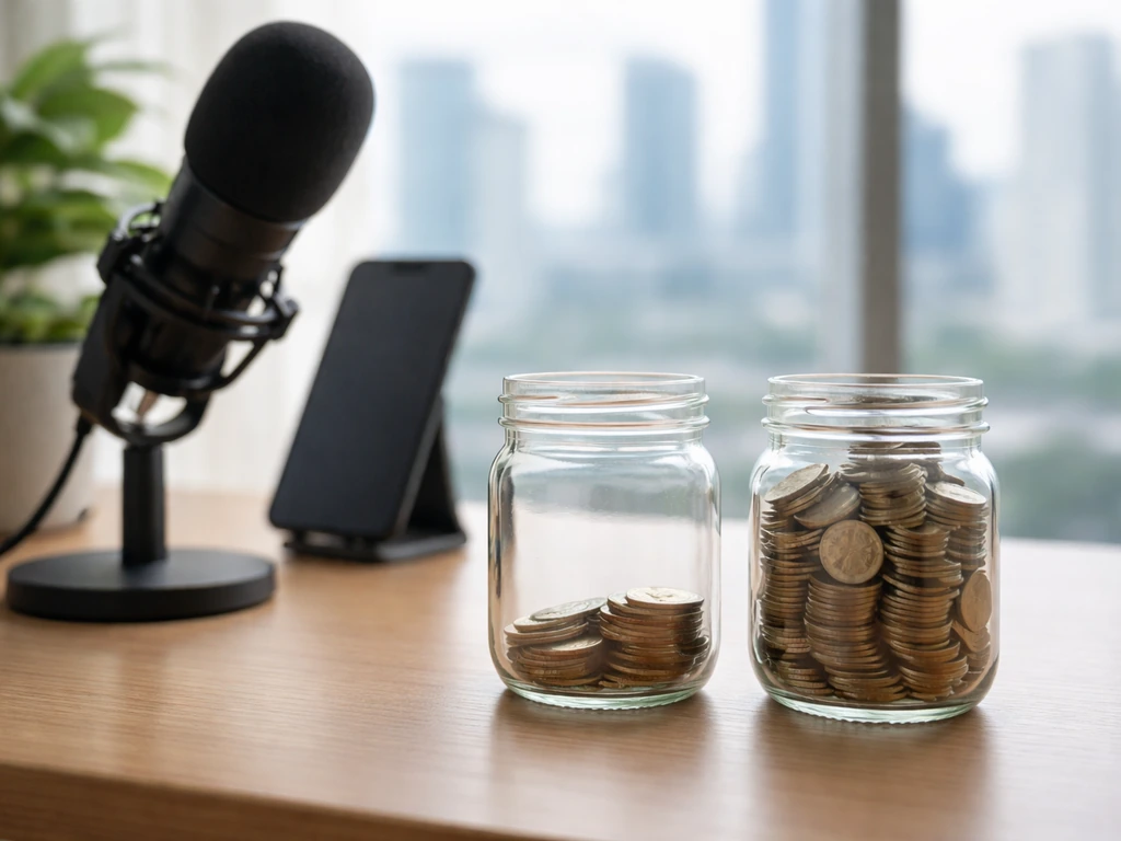Office desk with a microphone and smartphone next to two glass jars of coins for contrasting net worth estimates.