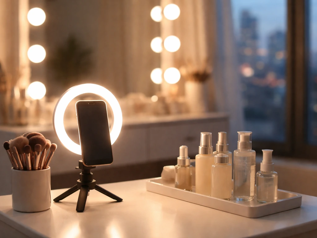 Minimal beauty creator desk with ring light, smartphone, makeup tools, and soft window light.