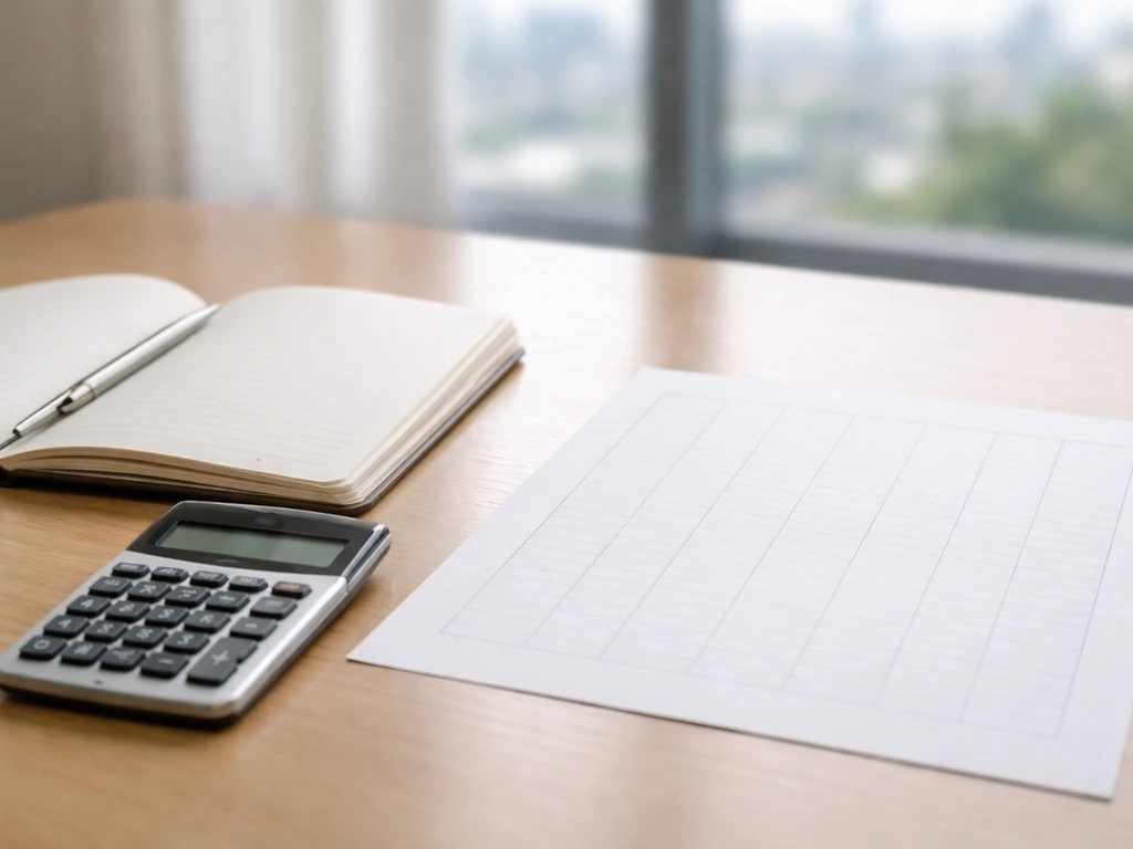 Close-up of a calculator and blank spreadsheet on a desk symbolizing assets minus liabilities.