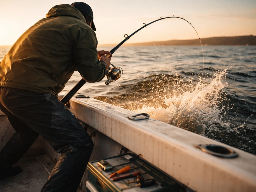 Offshore fishing scene with a person in waterproof gear on a small boat, hinting at an influencer lifestyle
