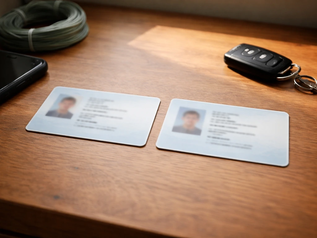 Two unlabeled ID documents on a desk with phone and keys, symbolizing verifying the right identity.