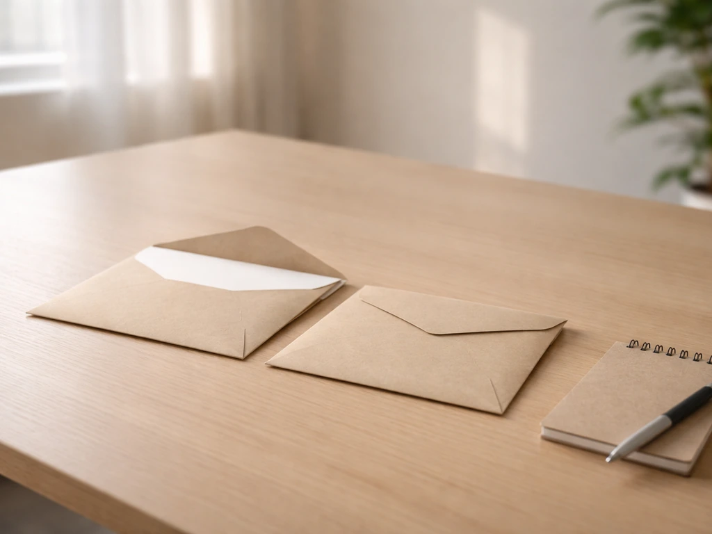 Minimal office scene with two neutral envelopes and a notepad suggesting uncertainty vs verified evidence.