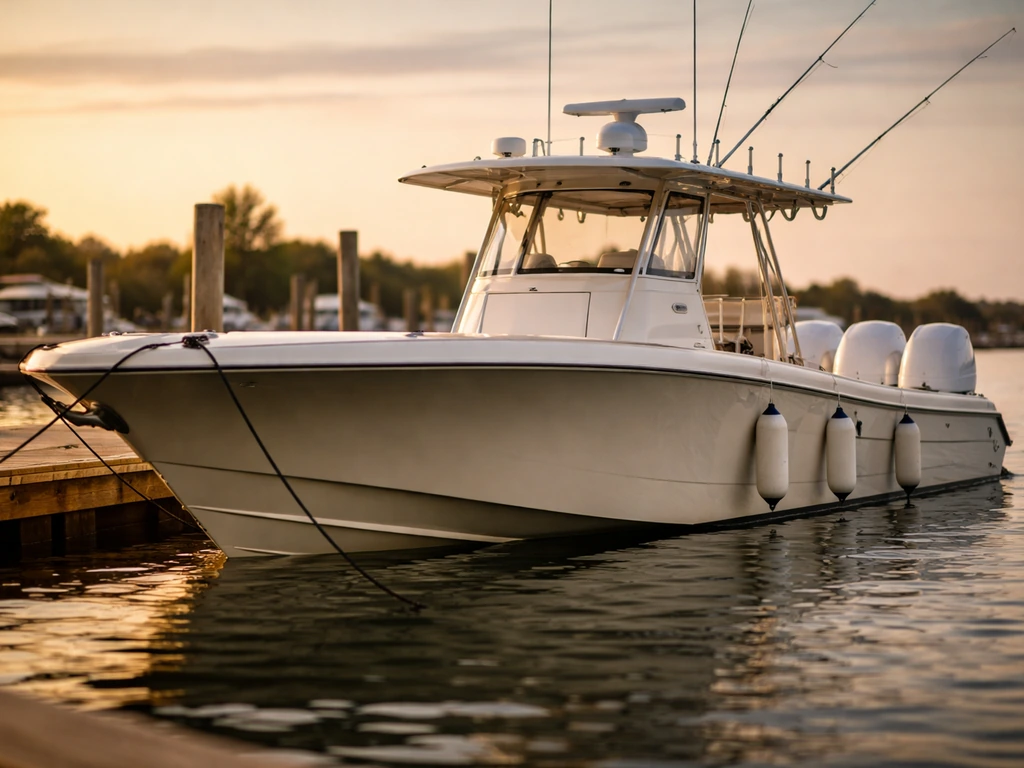Premium Yellowfin center-console fishing boat docked at a quiet marina in golden-hour light.