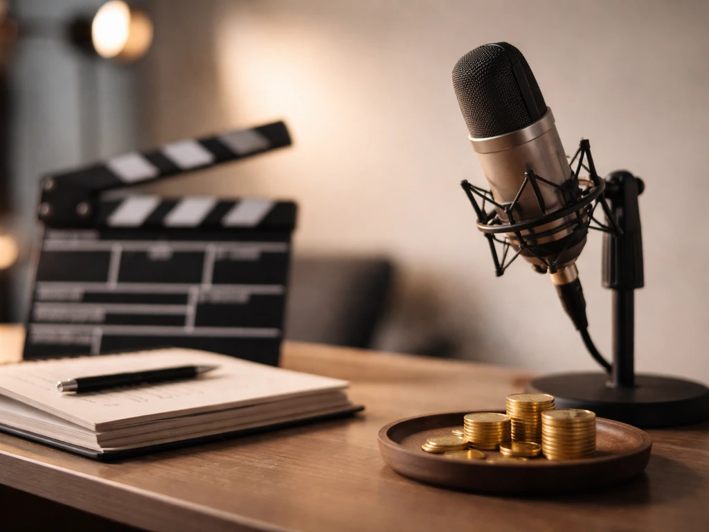 Minimal studio desk with microphone and clapperboard beside gold coins, symbolizing an actress’s net worth topic.