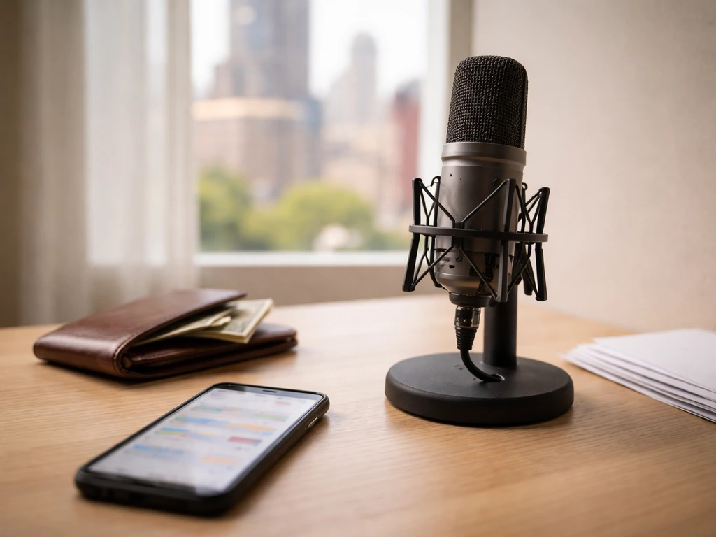 Minimal desk scene with a microphone, scattered cash, and a laptop showing blurred finance dashboards