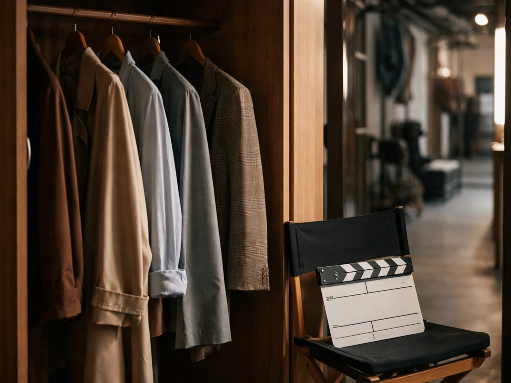 Film set wardrobe rack and a film slate, symbolizing recurring TV/film acting work.