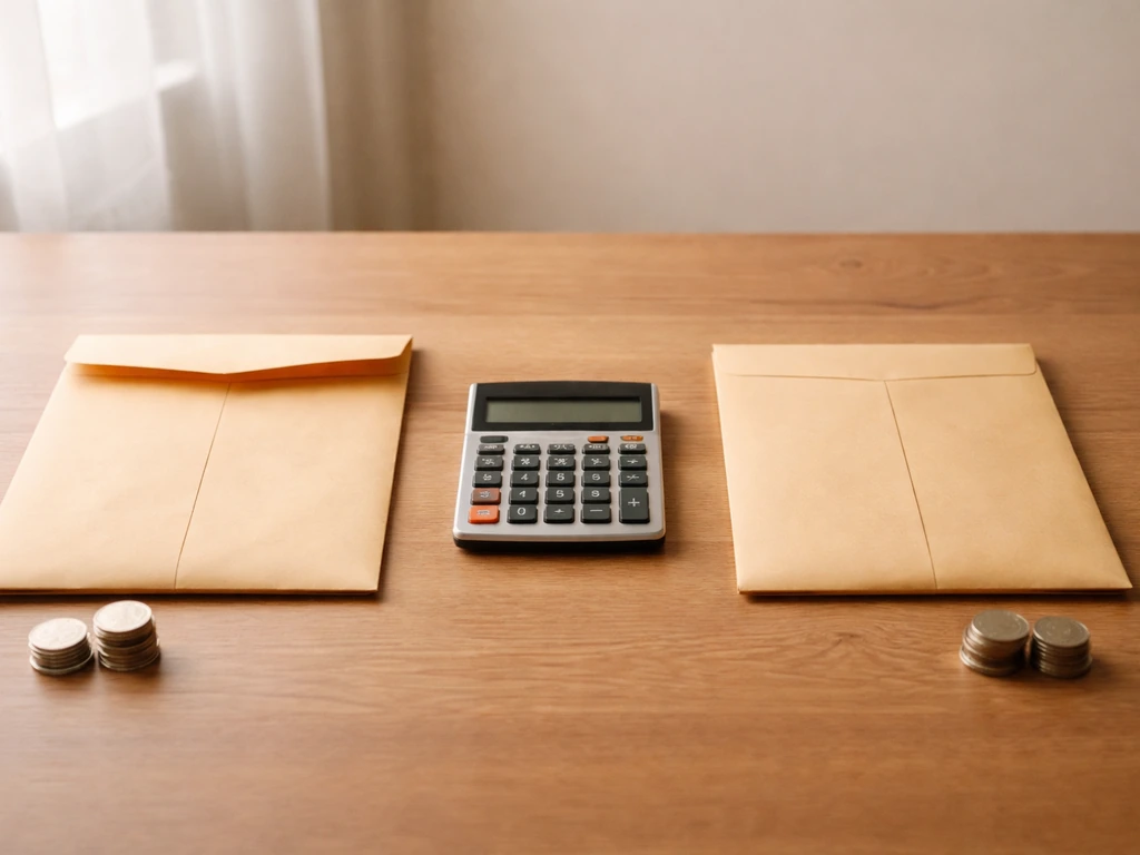 Minimal photo showing two separate envelopes on a desk with a calculator and cash—symbolizing net worth estimate differe