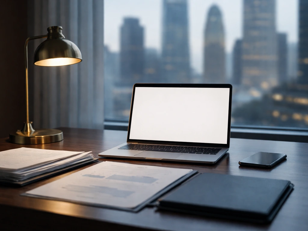 Minimal photo of a finance executive desk setup with laptop and documents, symbolizing Michelle Girard’s net-worth analy