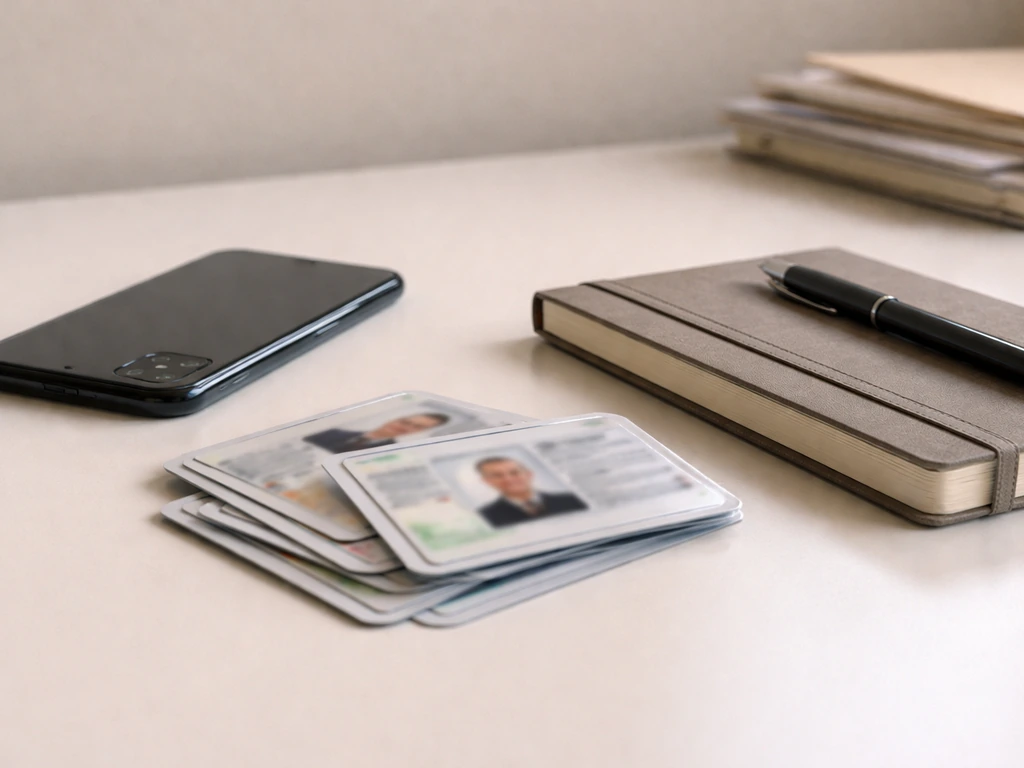 Minimal photo of a smartphone and scattered ID cards on a desk, symbolizing name confusion in search results.