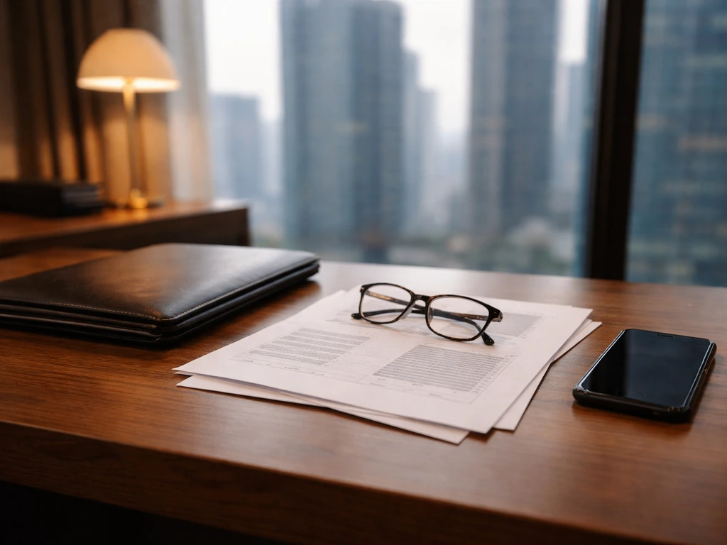 Minimal desk scene with finance documents and portfolio folder in a modern office by a window.