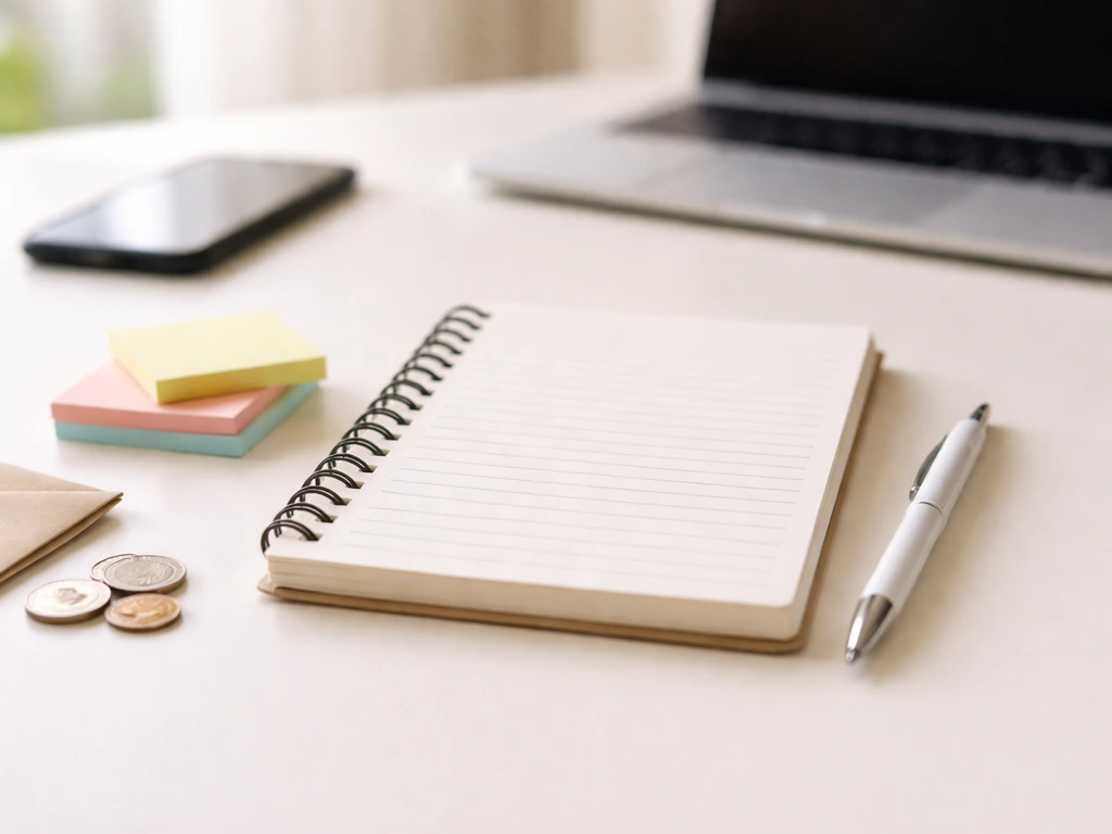 Open notebook with pen and sticky notes near coins on a tidy desk, suggesting reasons net-worth estimates vary.
