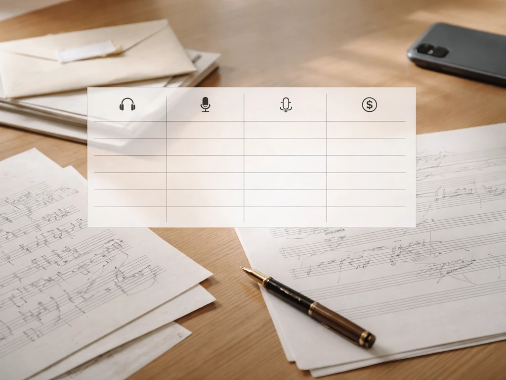 Music-themed royalty and earnings concept with cue-sheet papers and a simple spreadsheet-style overlay