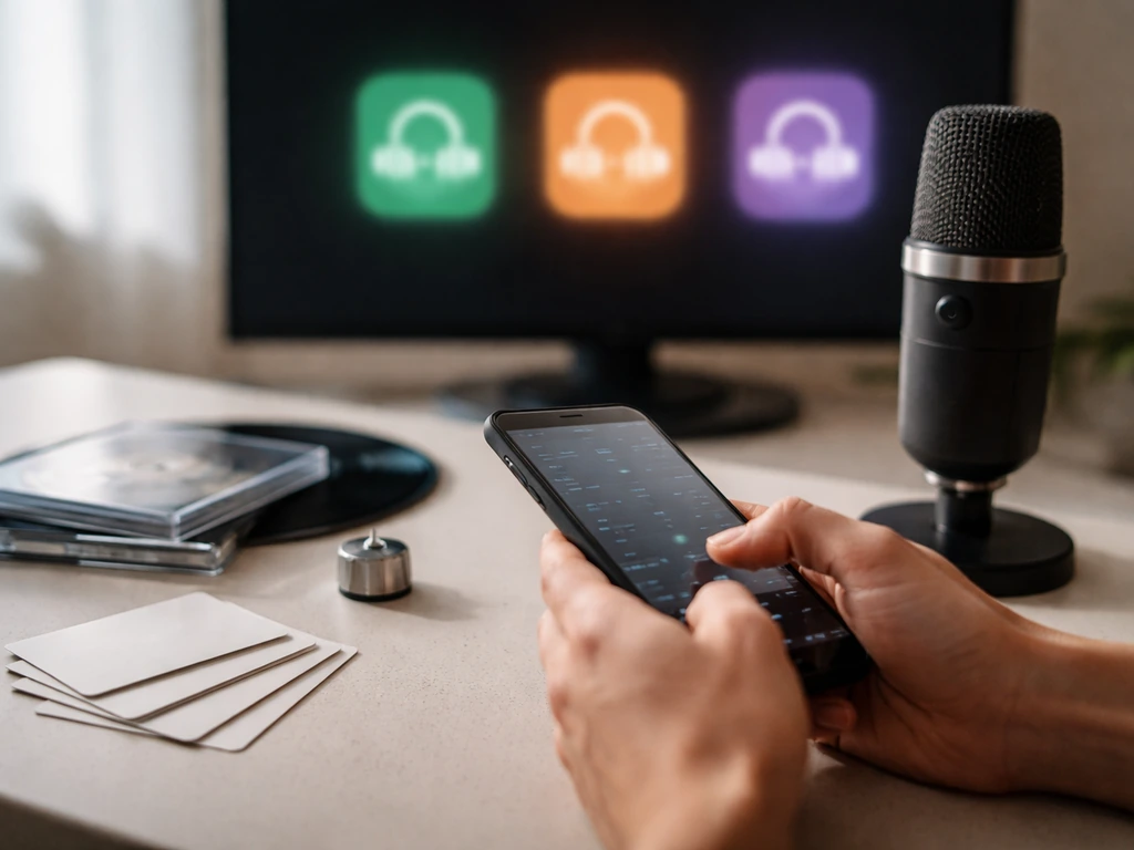 Anonymous hands at a desk with smartphone, microphone, and music releases suggesting multiple royalty and streaming sour