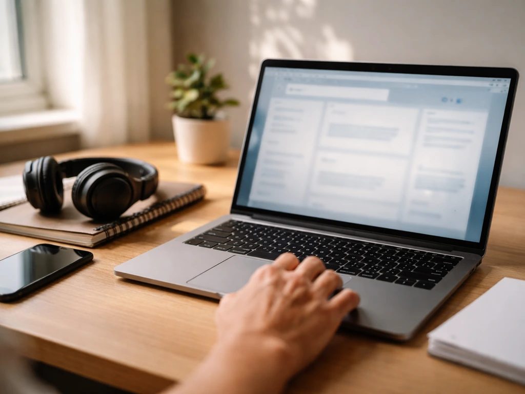 Hand checking a blurred music royalty database on a laptop in a quiet home office.