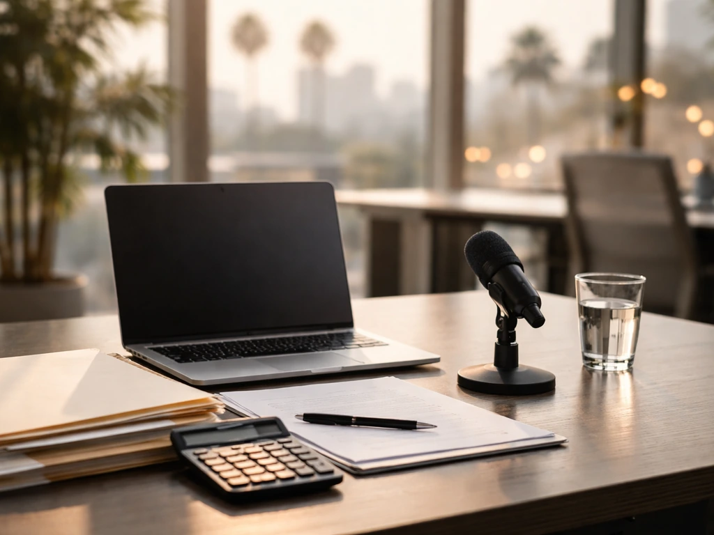Minimal desk in a sunny California office with laptop, folders, and microphone symbolizing financial analysis.